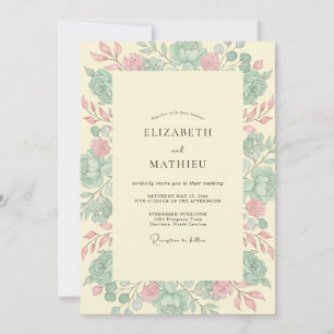 Mint Pink Rose Wedding Invitation