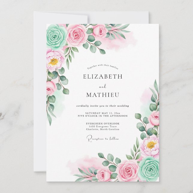Mint Pink Watercolor Botanical Wedding Invitation (Front)