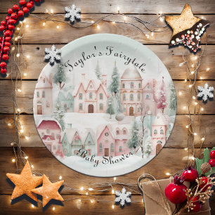 Mint Pink Watercolor Winter Fairytale Baby Shower Paper Plate