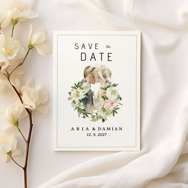 Mint pink white floral couple photo Save the Date  Invitation (Mint pink white floral couple photo Save the Date)