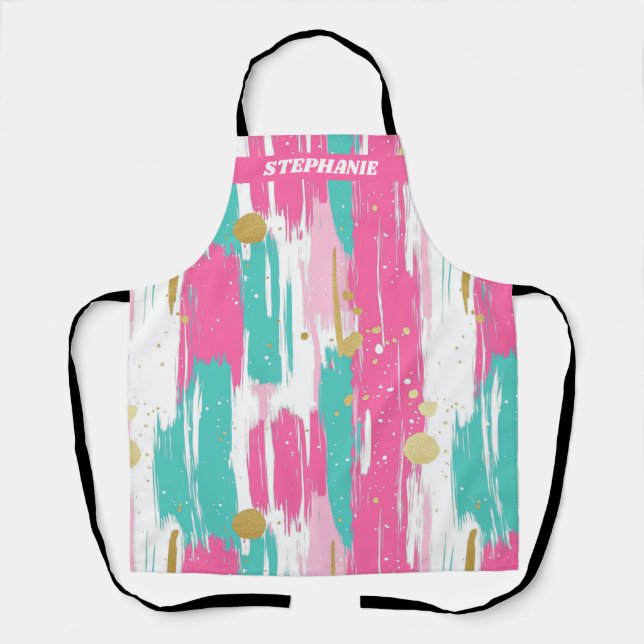 Mint, Pink, White & Gold Abstract Brushstrokes  Apron (Front)