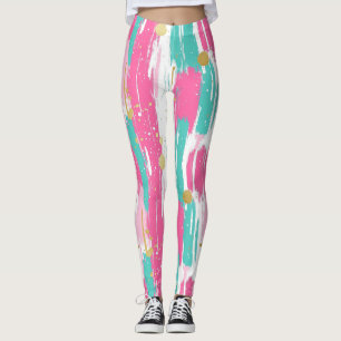 Mint, Pink, White & Gold Abstract Brushstrokes Leggings