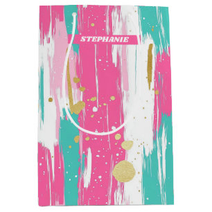 Mint, Pink, White & Gold Abstract Brushstrokes Medium Gift Bag