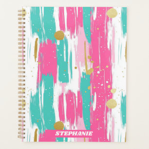 Mint, Pink, White & Gold Abstract Brushstrokes Planner