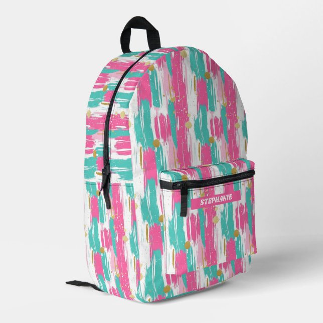 Mint, Pink, White & Gold Abstract Brushstrokes  Printed Backpack (Back Corner Left)