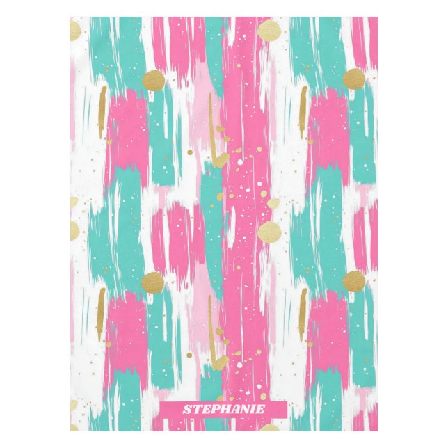 Mint, Pink, White & Gold Abstract Brushstrokes  Tablecloth (Front)