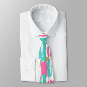 Mint, Pink, White & Gold Abstract Brushstrokes  Tie