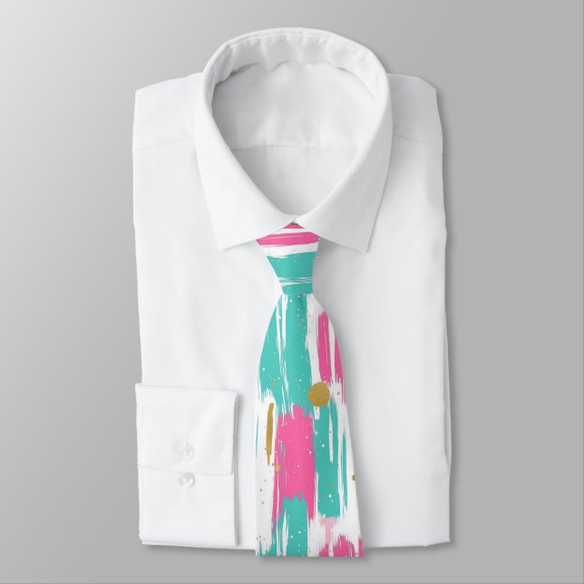 Mint, Pink, White & Gold Abstract Brushstrokes  Tie (Tied)