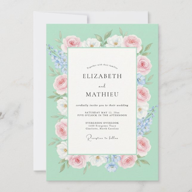 Mint Pink Wildflower Wedding Invitation (Front)