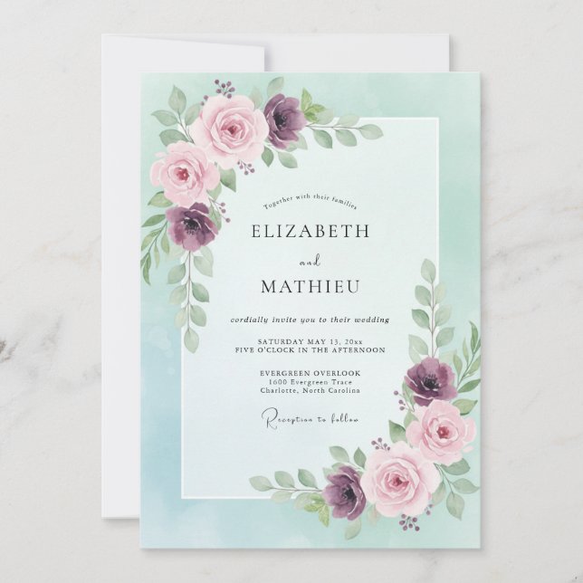 Mint Plum Painted Peony Wedding Invitation (Front)