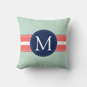 Mint Polka Dot Pattern Coral Navy Blue Monogram Cushion
