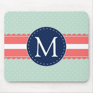 Mint Polka Dot Pattern Coral Navy Blue Monogram Mouse Pad