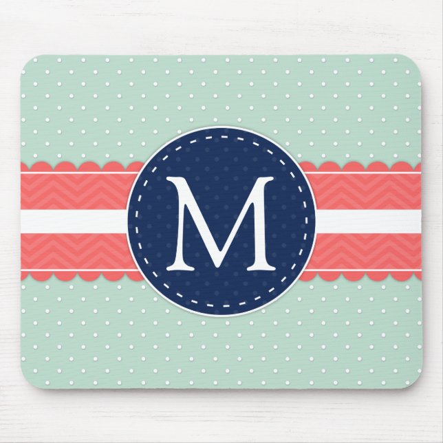 Mint Polka Dot Pattern Coral Navy Blue Monogram Mouse Pad (Front)