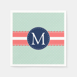 Mint Polka Dot Pattern Coral Navy Blue Monogram Napkin