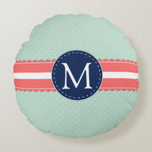 Mint Polka Dot Pattern Coral Navy Blue Monogram Round Cushion