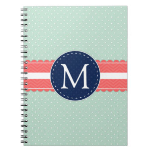 Mint Polka Dot Pattern Coral Navy Blue Monogram Spiral Notebook