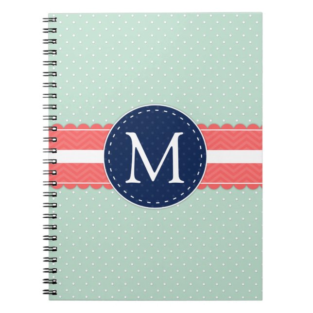 Mint Polka Dot Pattern Coral Navy Blue Monogram Spiral Notebook (Front)