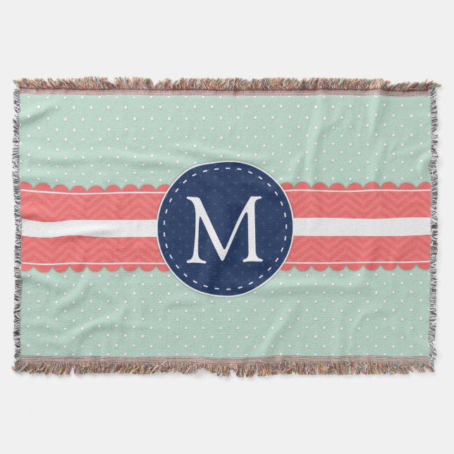Mint Polka Dot Pattern Coral Navy Blue Monogram Throw Blanket (Front)