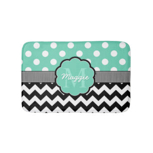 Mint Polka Dots Black Chevron Monogram Bath Mat