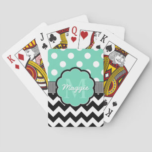 Mint Polka Dots Black Chevron Monogram Playing Cards