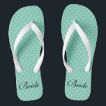 Mint polka dots pattern wedding bride flip flops<br><div class="desc">Mint green polka dots pattern name monogram wedding flip flops. Custom strap colour for him and her / men and women. Custom background colour and personalised name initials. Modern trendy polkadotted design sandals. Cute party favour for beach theme wedding, marriage, bridal shower, engagement, anniversary, birthday, bbq, bachelorette, girls weekend trip...</div>