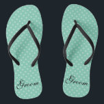 Mint polka dots pattern wedding groom flip flops<br><div class="desc">Mint green polka dots pattern name monogram wedding flip flops. Custom strap colour for him and her / men and women. Custom background colour and personalised name initials. Modern trendy polkadotted design sandals. Cute party favour for beach theme wedding, marriage, bridal shower, engagement, anniversary, birthday, bbq, bachelorette, girls weekend trip...</div>