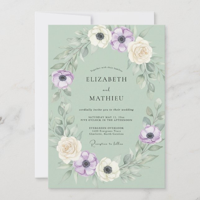 Mint Purple Anemone Wedding Invitation (Front)