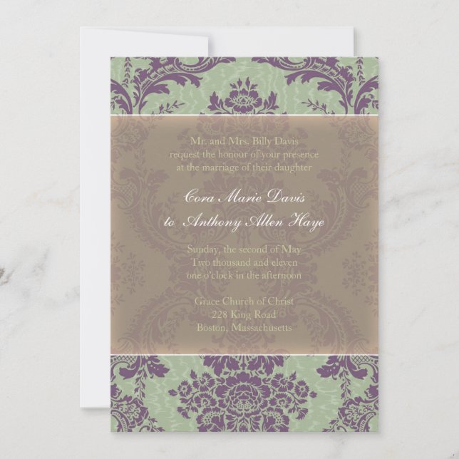 Mint Purple Elegant Damask Wedding Invitation (Front)
