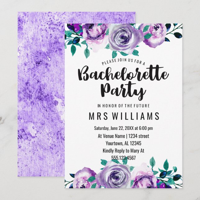Mint & Purple Floral Bachelorette Party Invitation (Front/Back)