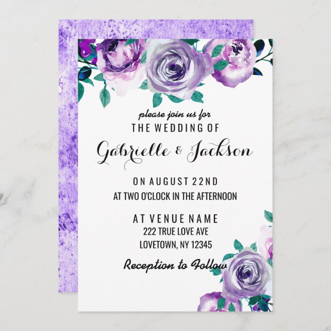 Mint & Purple Floral Rose Wedding Invitations (Front/Back)