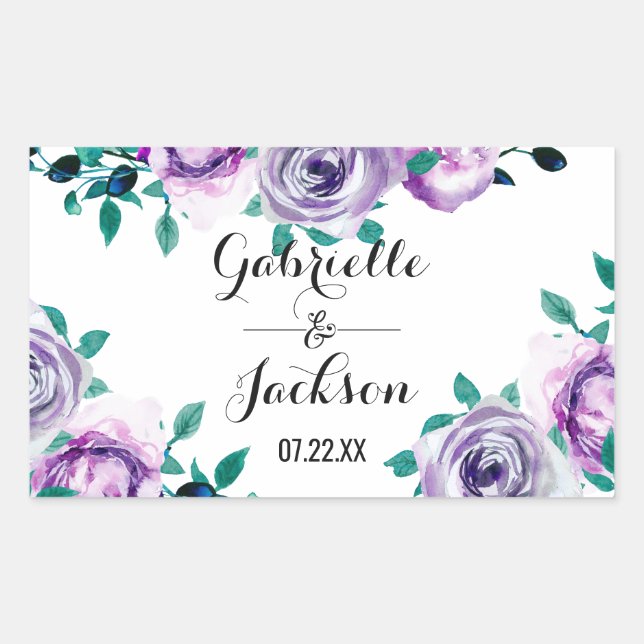 Mint & Purple Floral Watercolor Wedding Monogram Rectangular Sticker (Front)