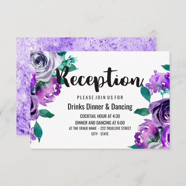 Mint & Purple Floral Watercolor Wedding Reception Invitation (Front/Back)