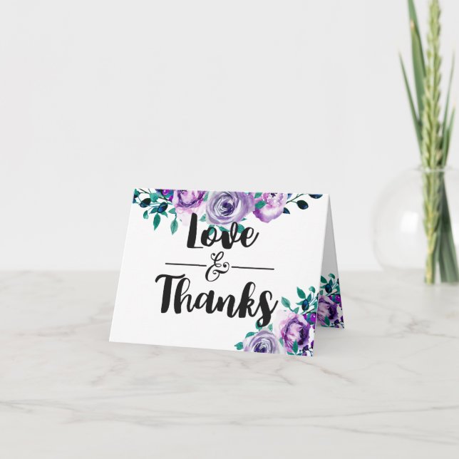 Mint & Purple Floral Watercolor Wedding Thank You Card (Front)