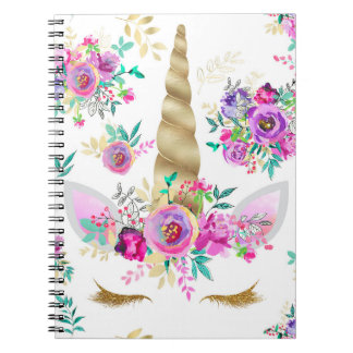 Mint, Purple, Gold Floral Unicorn Notebook