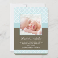Mint Quatrefoil Pattern Photo Baby Announcements