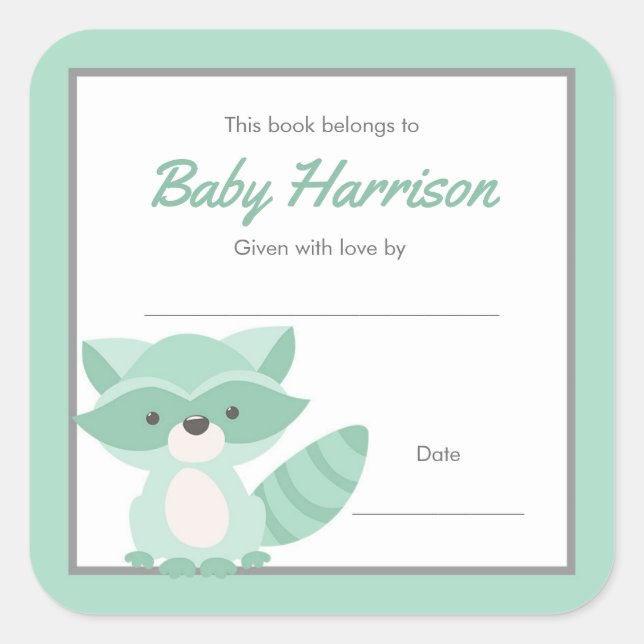 Mint Racoon Baby Shower Bookplate, neutral Square Sticker (Front)