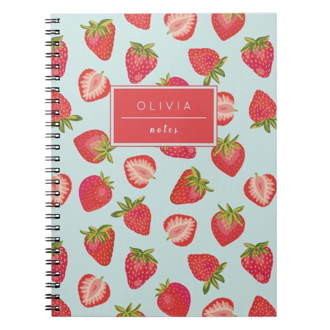 Mint & Red Summer Strawberry Pattern Notebook (Front)