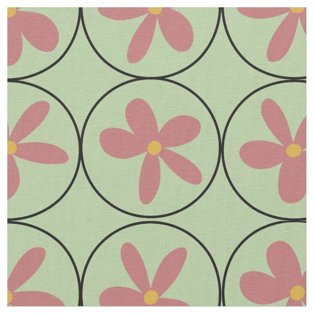 Mint Retro Floral Tile Combed Cotton Fabric (Close Up)