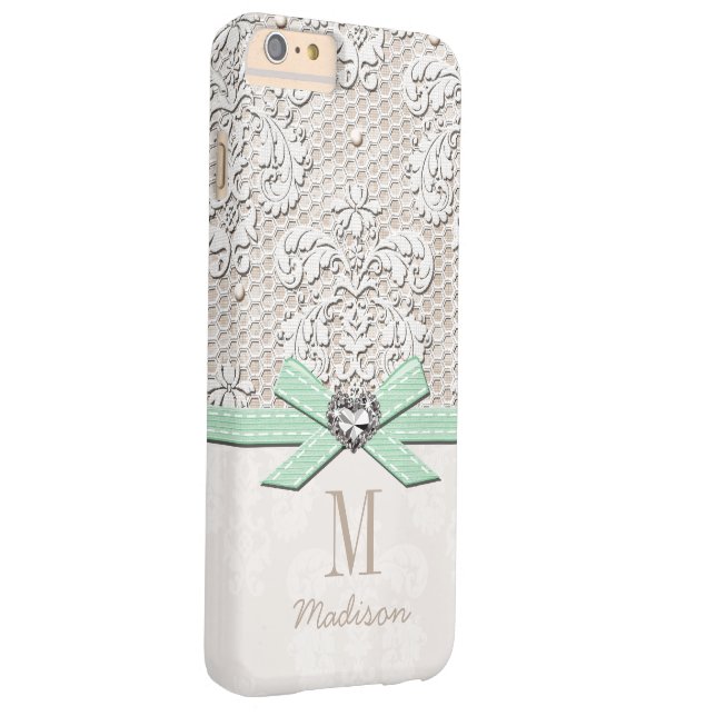 Mint Rhinestone Look Printed Lace and Bow Heart Case-Mate iPhone Case (Back/Right)
