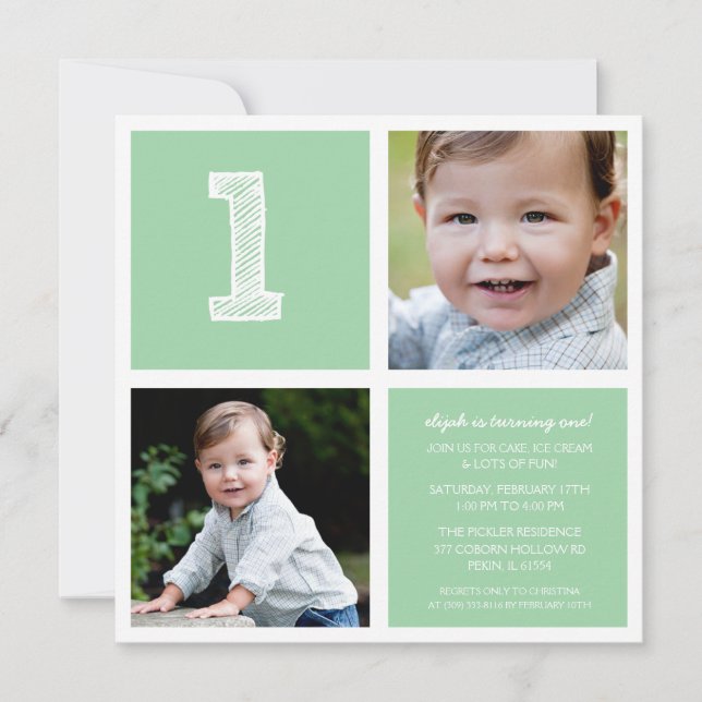 Mint Room for Squares First Birthday Party Photo Invitation (Front)