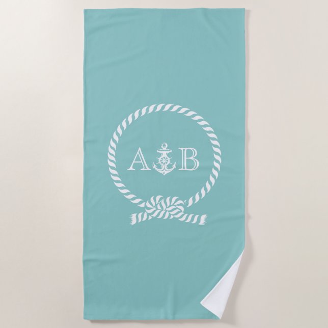 Mint Rope and Anchor Monogrammed Beach Towel (Front)