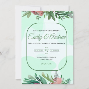 Mint Rose Foliage Floral Watercolor Wedding Invitation