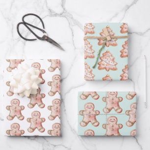 Mint Rose Gold Gingerbread Cookie Christmas Trees Wrapping Paper Sheet