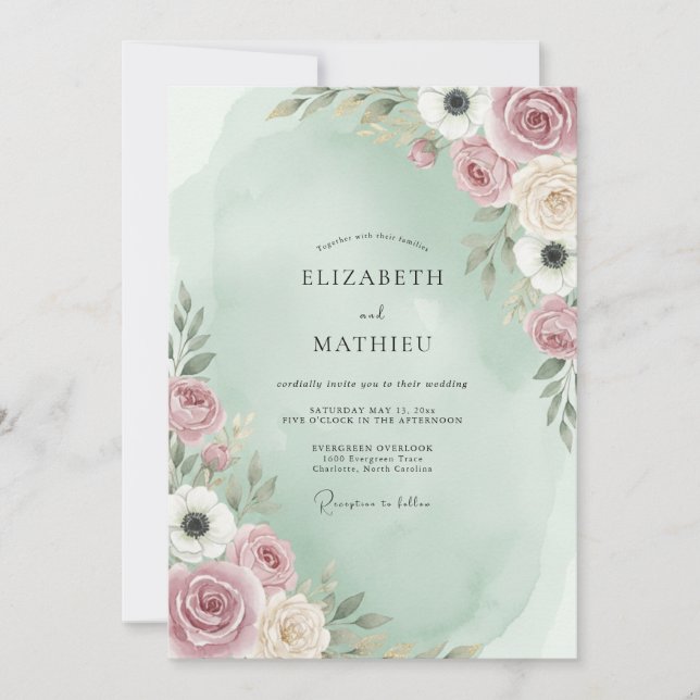 Mint Rose Painterly Whimsy Wedding Invitation (Front)