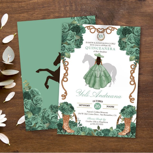 Mint Roses Charra Light Green Vestidos Quinceanera Invitation (Creator Uploaded)
