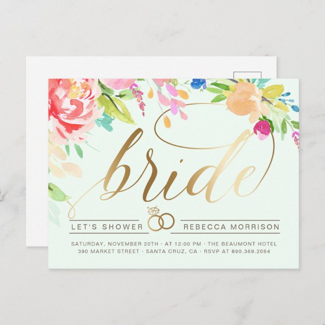 Mint | Roses & Gold Diamond Ring Bridal Shower Invitation Postcard (Front/Back)
