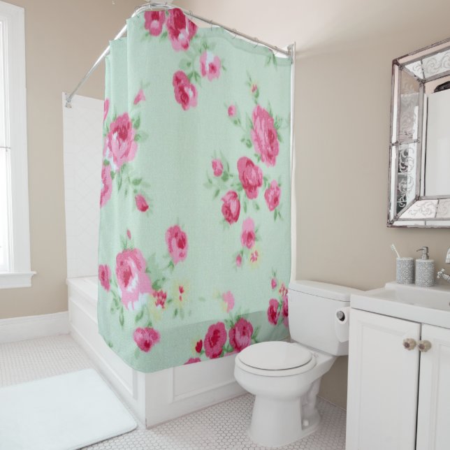 Mint Roses Shabby Chic Shower Curtain (In Situ)