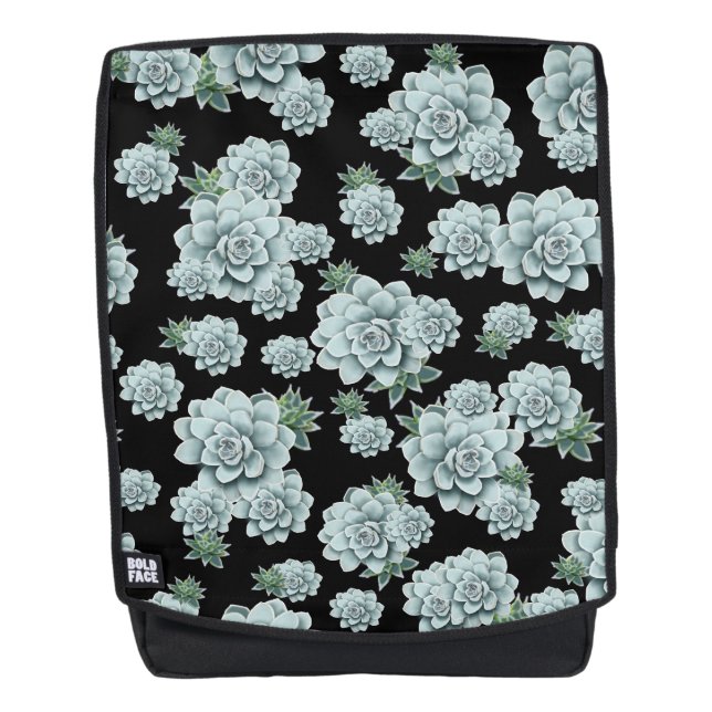 Mint Rosette Succulents Repeat Print on Black Backpack (Front)