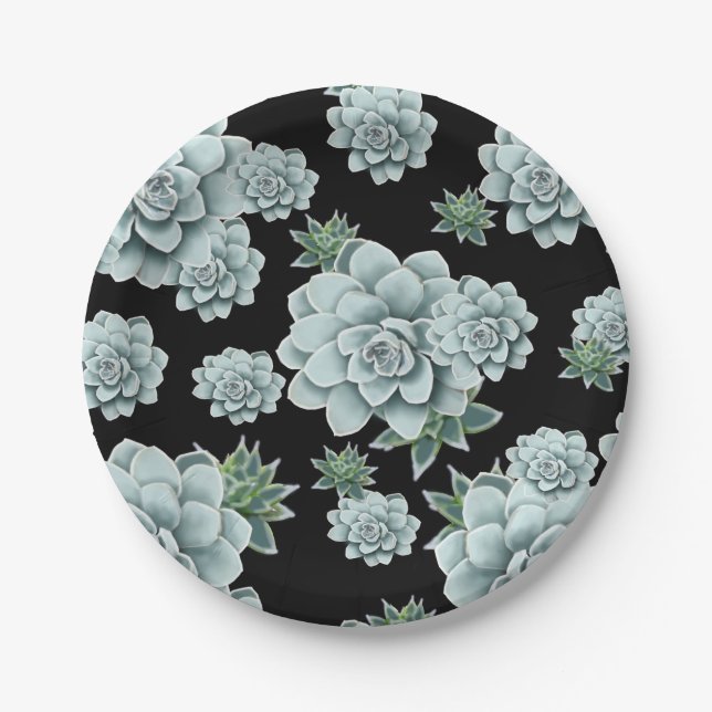 Mint Rosette Succulents Repeat Print on Black Mess Paper Plate (Front)