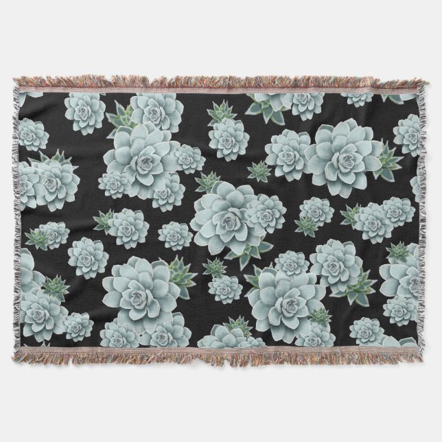 Mint Rosette Succulents Repeat Print on Black Throw Blanket (Front)